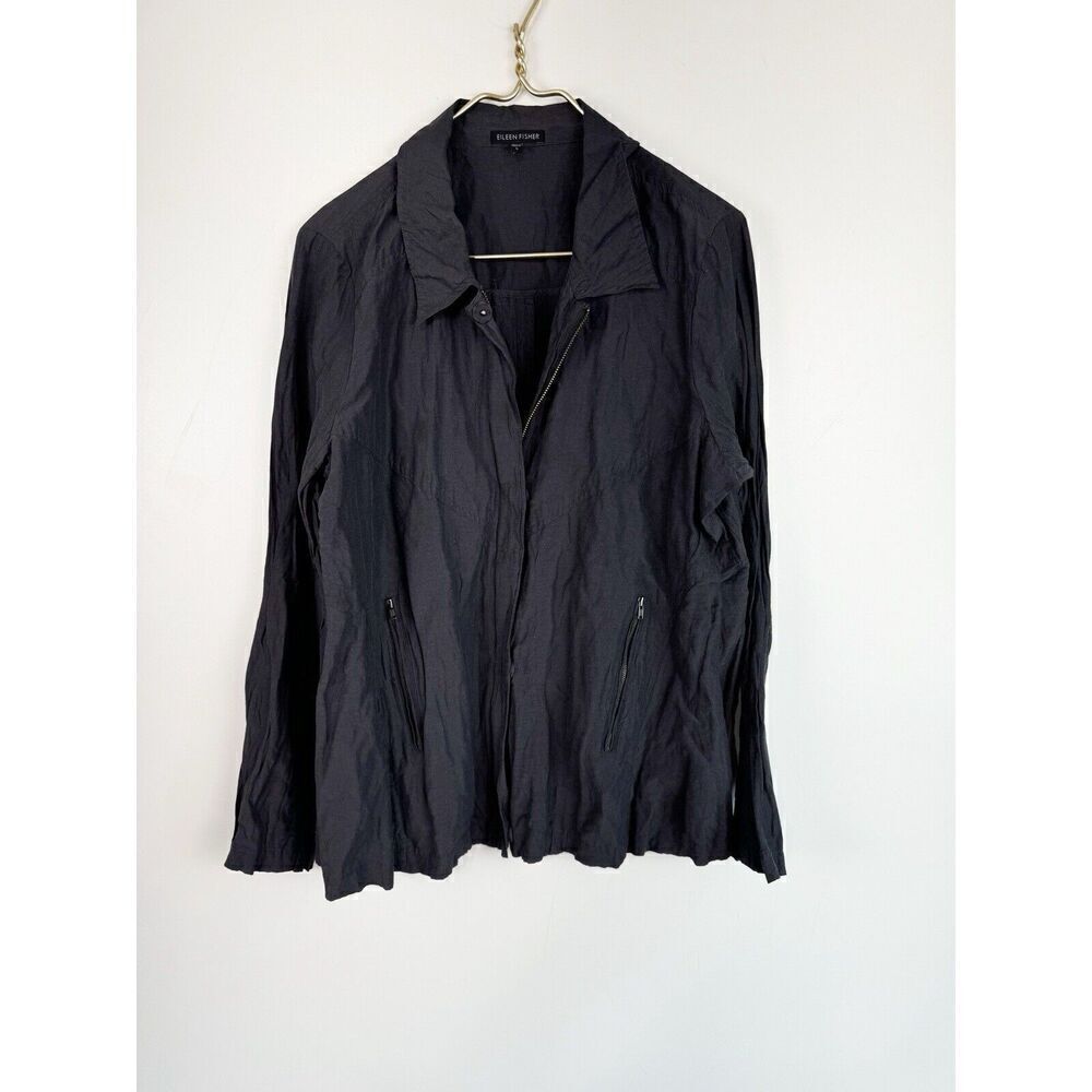 Eileen Fisher Grey Metallic Shimmer Crinkle Full Zip Jacket Long Sleeve